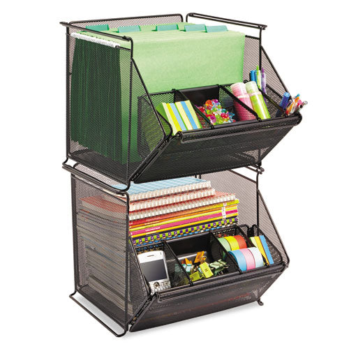 Onyx Stackable Mesh Storage Bin, 4 Compartments, Steel Mesh, 14 x 15.5 x 11.75, Black-(SAF2164BL)