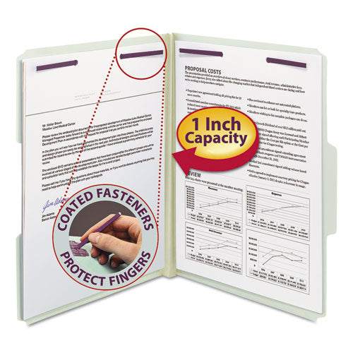 Recycled Pressboard Fastener Folders, 1/3-Cut Tabs, Two SafeSHIELD Fasteners, 1" Expansion, Letter Size, Gray-Green, 25/Box-(SMD14931)