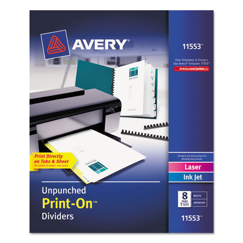 Customizable Print-On Dividers, Unpunched, 8-Tab, 11 x 8.5, White, 5 Sets-(AVE11553)