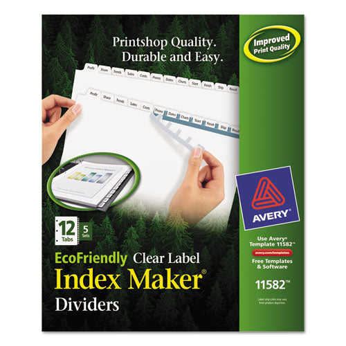 Index Maker EcoFriendly Print and Apply Clear Label Dividers with White Tabs, 12-Tab, 11 x 8.5, White, 5 Sets-(AVE11582)