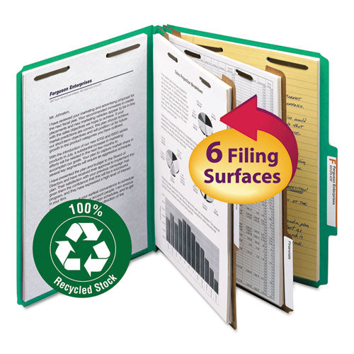 Recycled Pressboard Classification Folders, 2" Expansion, 2 Dividers, 6 Fasteners, Letter Size, Green Exterior, 10/Box-(SMD14063)