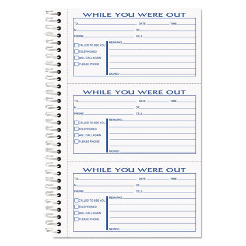 Spiralbound Message Book, Two-Part Carbonless, 5 x 2.83, 3 Forms/Sheet, 300 Forms Total-(TOP4006)