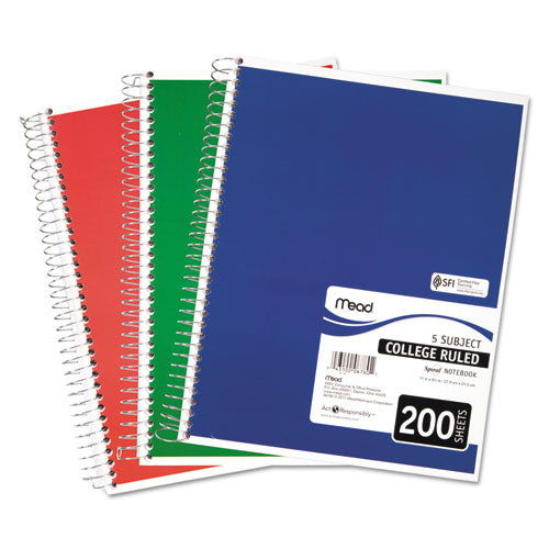 Spiral Notebook, 5-Subject, Medium/College Rule, Randomly Assorted Cover Color, (200) 11 x 8 Sheets-(MEA06780)