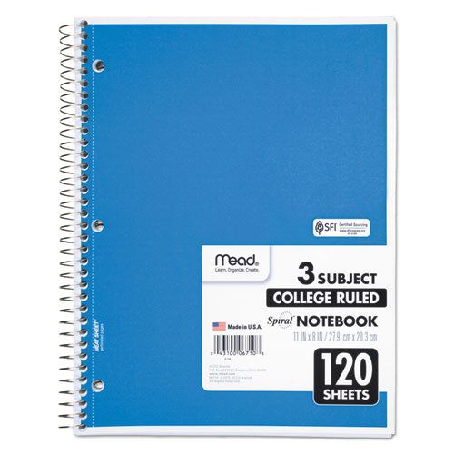 Spiral Notebook, 3-Subject, Medium/College Rule, Randomly Assorted Cover Color, (120) 11 x 8 Sheets-(MEA06710)