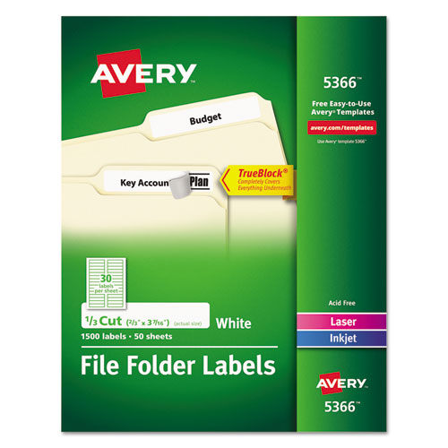 Permanent TrueBlock File Folder Labels with Sure Feed Technology, 0.66 x 3.44, White, 30/Sheet, 50 Sheets/Box-(AVE5366)