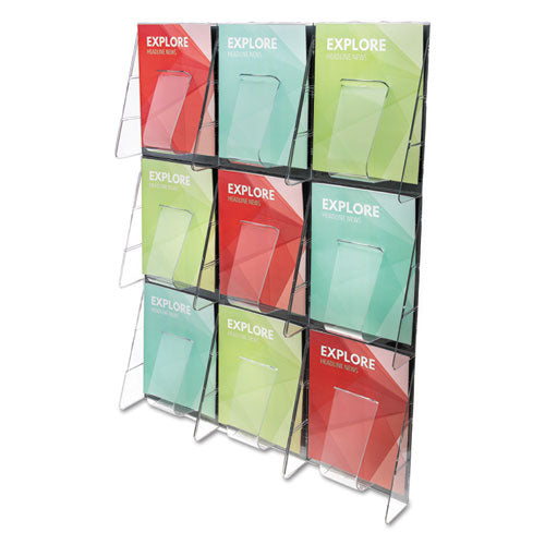 Stand-Tall 9-Bin Wall-Mount Literature Rack, Mag, 27.5w x 3.38d x 35.63h, Clear/Black-(DEF56801)