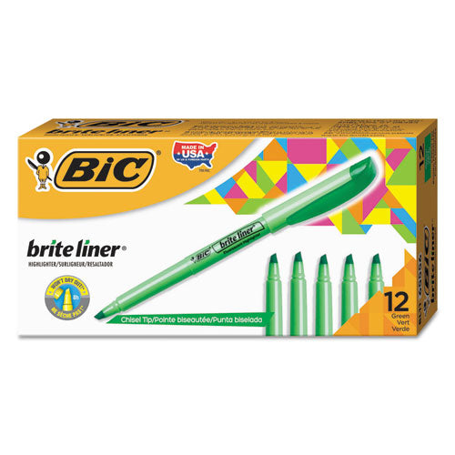 Brite Liner Highlighter, Fluorescent Green Ink, Chisel Tip, Green/Black Barrel, Dozen-(BICBL11GN)