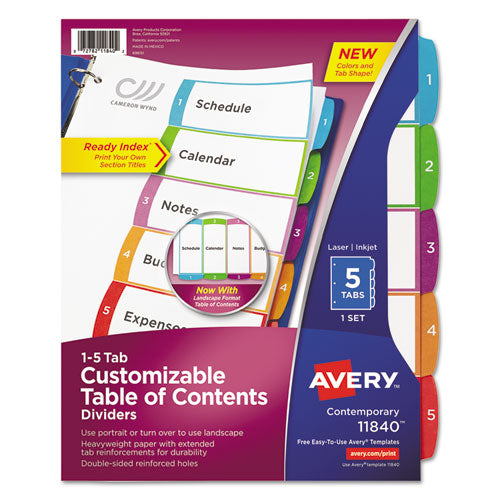 Customizable TOC Ready Index Multicolor Tab Dividers, 5-Tab, 1 to 5, 11 x 8.5, White, Contemporary Color Tabs, 1 Set-(AVE11840)