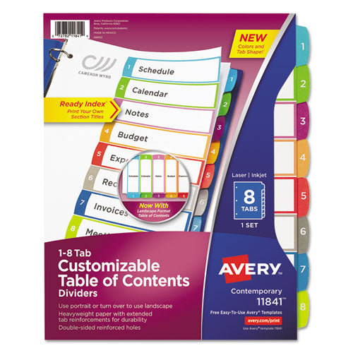 Customizable TOC Ready Index Multicolor Tab Dividers, 8-Tab, 1 to 8, 11 x 8.5, White, Contemporary Color Tabs, 1 Set-(AVE11841)