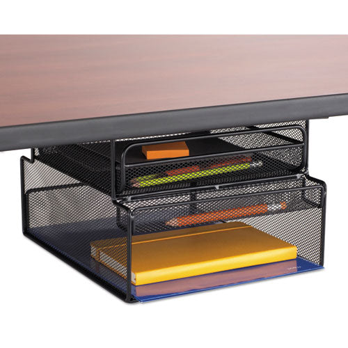 Onyx Hanging Organizer with Drawer, Under Desk Mount, 3 Compartments, Steel Mesh, 12.33 x 10 x 7.25, Black-(SAF3244BL)