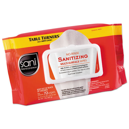 No-Rinse Sanitizing Multi-Surface Wipes, 1-Ply, 8 x 9, Unscented, White, 72 Wipes/Pack, 12 Packs/Carton-(NICM30472)