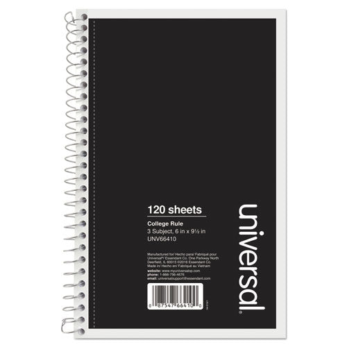 Wirebound Notebook, 3-Subject, Medium/College Rule, Black Cover, (120) 9.5 x 6 Sheets-(UNV66410)