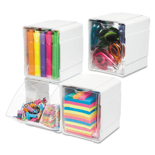 Tilt Bin Interlocking 4-Bin Organizer, Plastic, 4.63 x 4.88 x 5.5, White/Clear-(DEF421103)