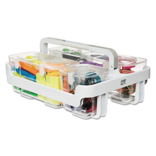 Stackable Caddy Organizer with S, M and L Containers, Plastic, 10.5 x 14 x 6.5, White Caddy/Clear Containers-(DEF29003)