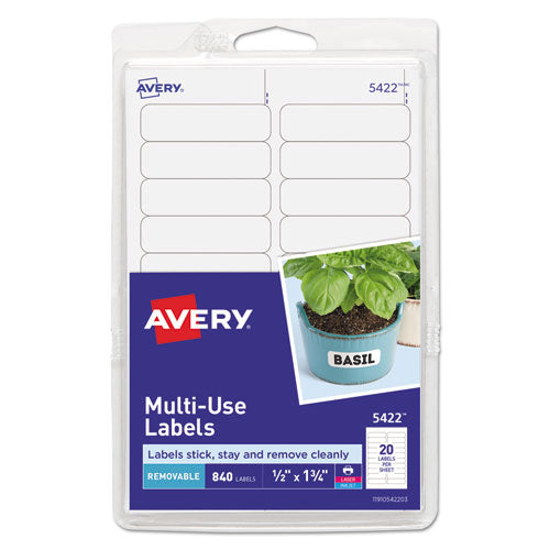 Removable Multi-Use Labels, Inkjet/Laser Printers, 0.5 x 1.75, White, 20/Sheet, 42 Sheets/Pack, (5422)-(AVE05422)