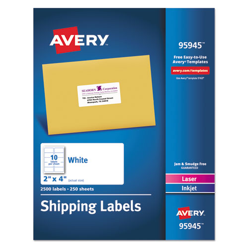 White Shipping Labels-Bulk Packs, Inkjet/Laser Printers, 2 x 4, White, 10/Sheet, 250 Sheets/Box-(AVE95945)