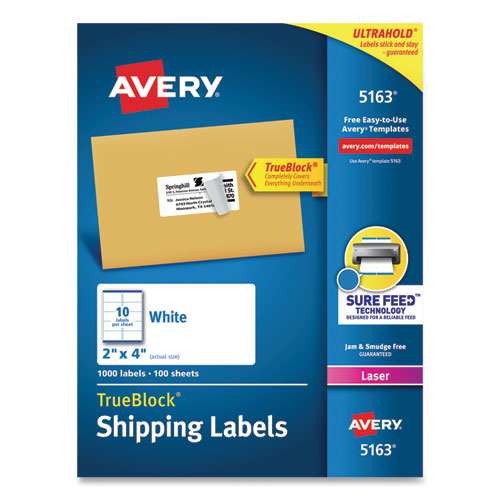 Shipping Labels w/ TrueBlock Technology, Laser Printers, 2 x 4, White, 10/Sheet, 100 Sheets/Box-(AVE5163)