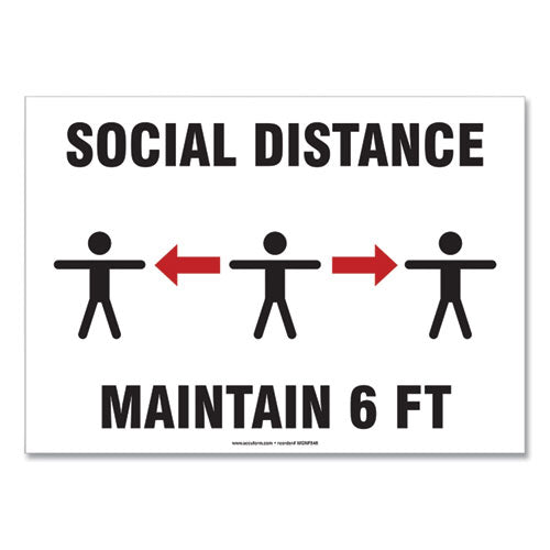 Social Distance Signs, Wall, 10 x 7, "Social Distance Maintain 6 ft", 3 Humans/Arrows, White, 10/Pack-(GN1MGNF544VPESP)