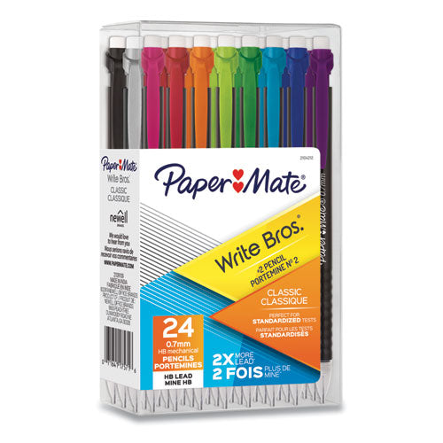 Write Bros Mechanical Pencil, 0.7 mm, HB (#2), Black Lead, Black Barrel with Assorted Clip Colors, 24/Pack-(PAP2104212)