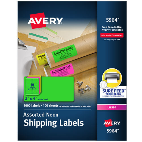 High-Visibility Permanent Laser ID Labels, 2 x 4, Neon Assorted, 1000/Box-(AVE5964)
