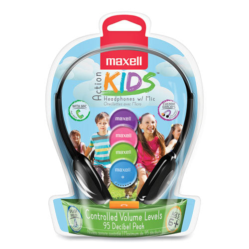 Kids Safe Headphones with Inline Microphone, 4 ft Cord, Black with Interchangeable Pink/Blue/Silver Caps-(MAX195004)