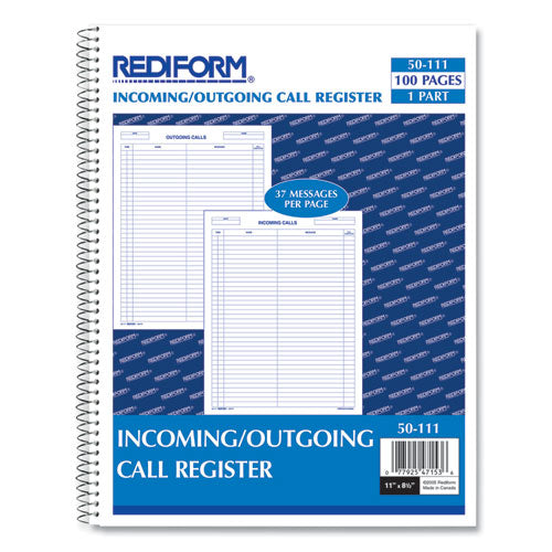 Wirebound Call Register, One-Part (No Copies), 11 x 8.5, 100 Forms Total-(RED50111)