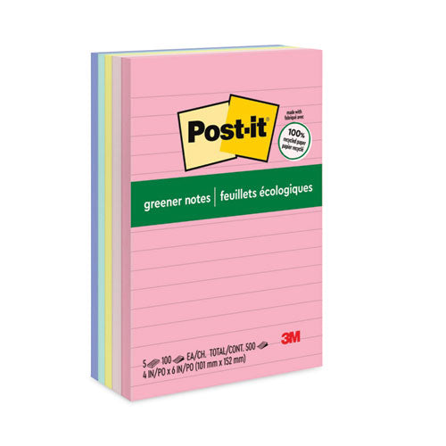 Original Recycled Note Pads, Note Ruled, 4" x 6", Sweet Sprinkles Collection Colors, 100 Sheets/Pad, 5 Pads/Pack-(MMM660RPA)