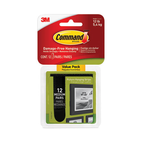 Picture Hanging Strips, Value Pack, Medium, Removable, Holds Up to 12 lbs, 0.75 x 2.75, Black, 12 Pairs/Pack-(MMM17204BLK12ES)