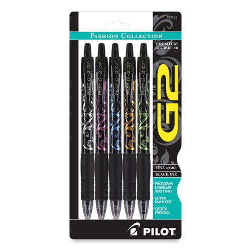 G2 Fashion Premium Gel Pen, Retractable, Fine 0.7 mm, Black Ink, Assorted Barrel Colors, 5/Pack-(PIL31373)