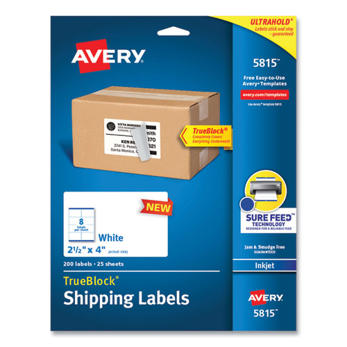 Shipping Labels with TrueBlock Technology, Inkjet Printers, 2.5 x 4, White, 8 Labels/Sheet, 25 Sheets/Pack-(AVE5815)