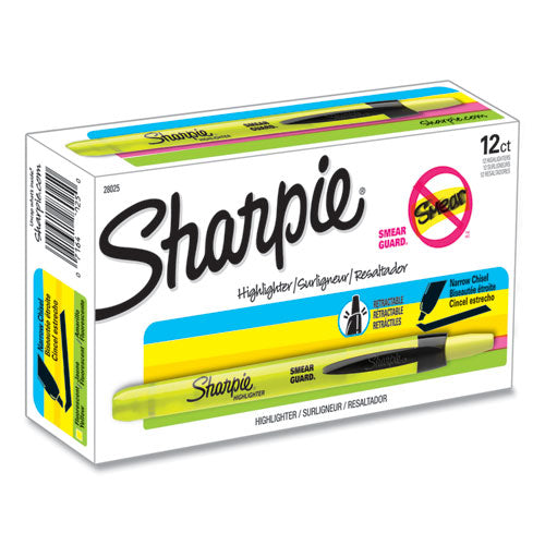 Retractable Highlighters, Fluorescent Yellow Ink, Chisel Tip, Yellow/Black Barrel, Dozen-(SAN28025)