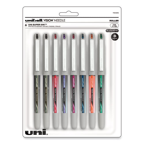 VISION Needle Roller Ball Pen, Stick, Fine 0.7 mm, Assorted Ink Colors, Silver Barrel, 8/Pack-(UBC1734916)