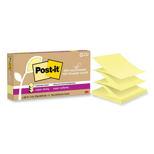 100% Recycled Paper Super Sticky Notes, 3" x 3", Canary Yellow, 70 Sheets/Pad, 6 Pads/Pack-(MMMR330R6SSCY)