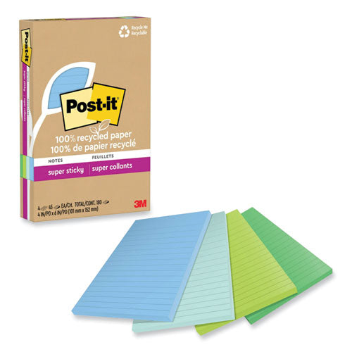 100% Recycled Paper Super Sticky Notes, Ruled, 4" x 6", Oasis, 45 Sheets/Pad, 4 Pads/Pack-(MMM4621R4SST)