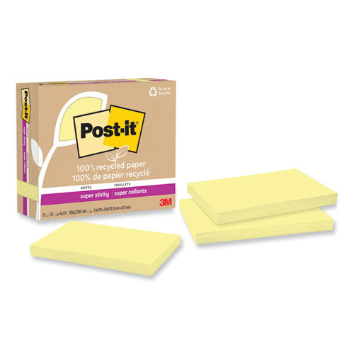 100% Recycled Paper Super Sticky Notes, Ruled, 4" x 4", Wanderlust Pastels, 70 Sheets/Pad, 3 Pads/Pack-(MMM675R3SSNRP)