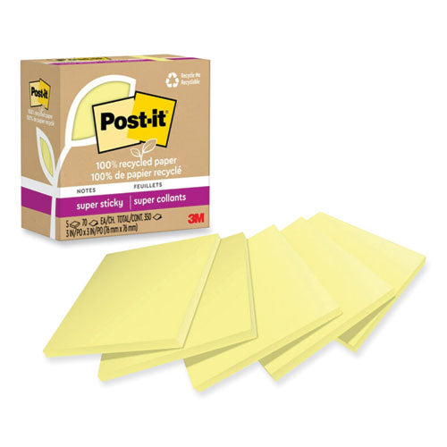 100% Recycled Paper Super Sticky Notes, 3" x 3", Canary Yellow, 70 Sheets/Pad, 5 Pads/Pack-(MMM654R5SSCY)