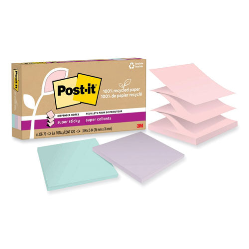 100% Recycled Paper Super Sticky Notes, 3" x 3", Wanderlust Pastels, 70 Sheets/Pad, 6 Pads/Pack-(MMMR330R6SSNRP)