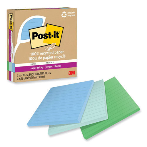 100% Recycled Paper Super Sticky Notes, Ruled, 4" x 4", Oasis, 70 Sheets/Pad, 3 Pads/Pack-(MMM675R3SST)