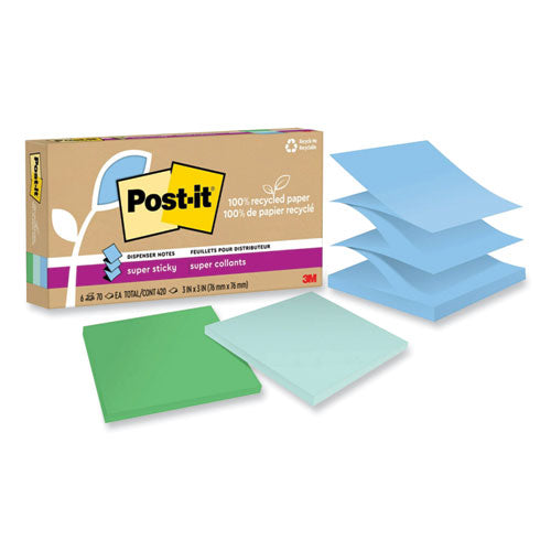 100% Recycled Paper Super Sticky Notes, 3" x 3", Oasis, 70 Sheets/Pad, 6 Pads/Pack-(MMMR330R6SST)