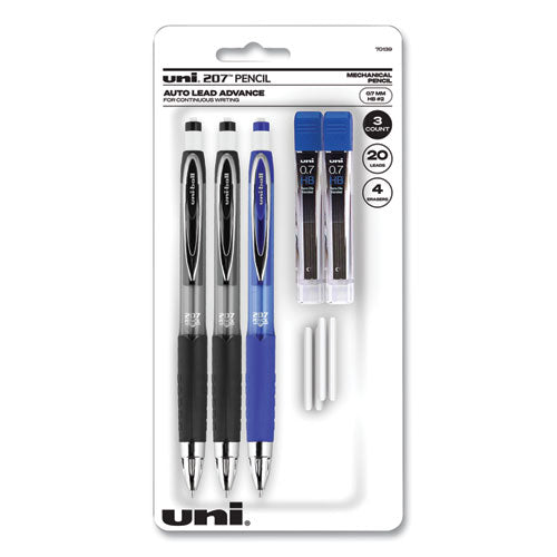 207 Mechanical Pencil with Lead and Eraser Refills, 0.7 mm, HB (#2), Black Lead, Assorted Barrel Colors, 3/Set-(UBC70139)