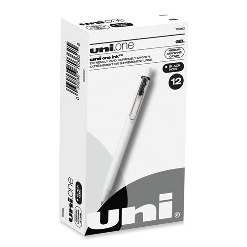 uniONE Gel Pen, Retractable, Medium 0.7 mm, Black Ink, White Barrel, Dozen-(UBC70362)
