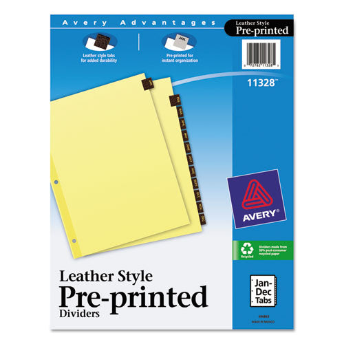 Preprinted Red Leather Tab Dividers with Clear Reinforced Edge, 12-Tab, Jan. to Dec., 11 x 8.5, Buff, 1 Set-(AVE11328)