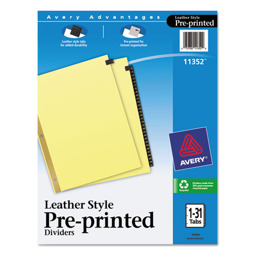Preprinted Black Leather Tab Dividers w/Gold Reinforced Edge, 31-Tab, 1 to 31, 11 x 8.5, Buff, 1 Set-(AVE11352)