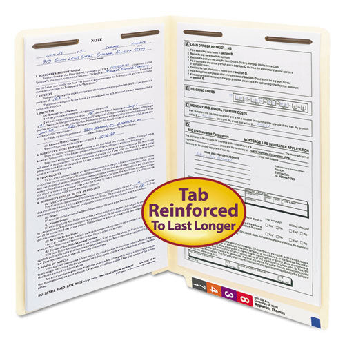 End Tab Fastener Folders with Reinforced Straight Tabs, 11-pt Manila, 2 Fasteners, Legal Size, Manila Exterior, 50/Box-(SMD37115)
