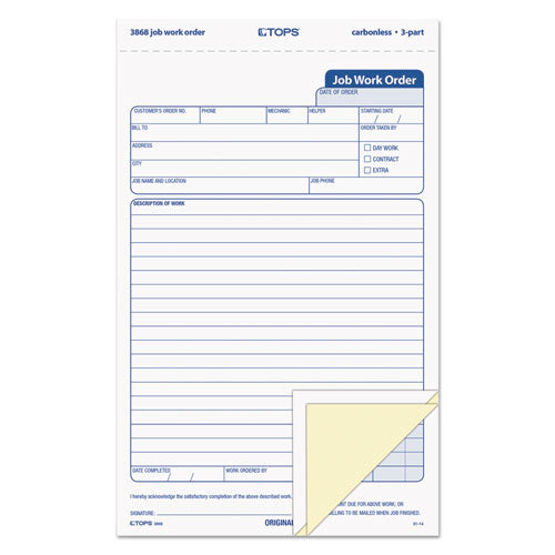 Job Work Order, Three-Part Carbonless, 5.66 x 8.63, 50 Forms Total-(TOP3868)