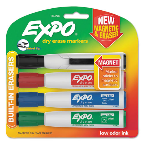 Magnetic Dry Erase Marker, Broad Chisel Tip, Assorted Colors, 4/Pack-(SAN1944728)