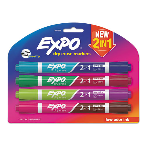2-in-1 Dry Erase Markers, Fine/Broad Chisel Tips, Assorted Secondary Colors, 4/Pack-(SAN1944656)