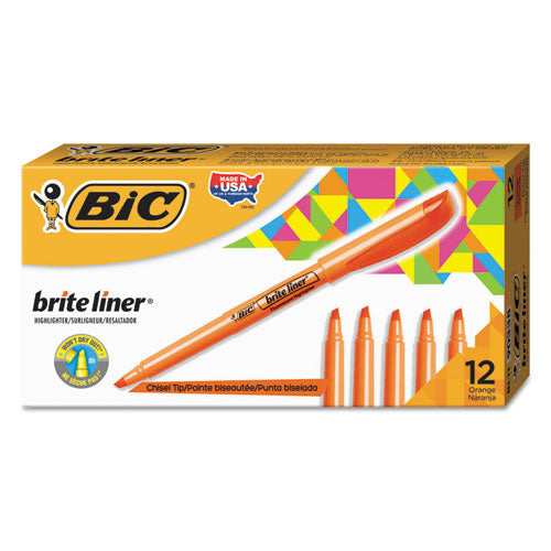 Brite Liner Highlighter, Fluorescent Orange Ink, Chisel Tip, Orange/Black Barrel, Dozen-(BICBL11OE)