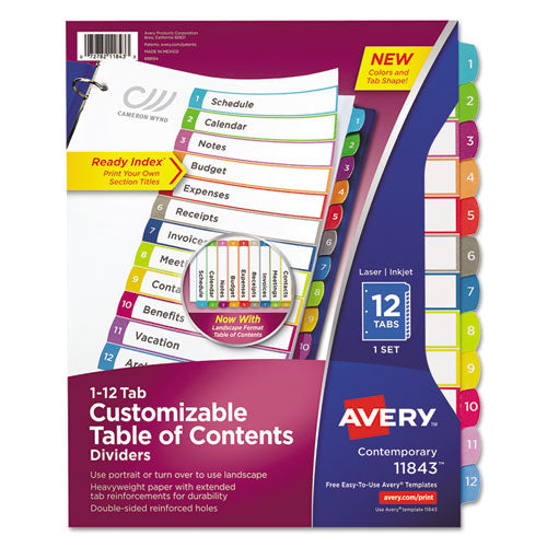 Customizable TOC Ready Index Multicolor Tab Dividers, 12-Tab, 1 to 12, 11 x 8.5, White, Contemporary Color Tabs, 1 Set-(AVE11843)