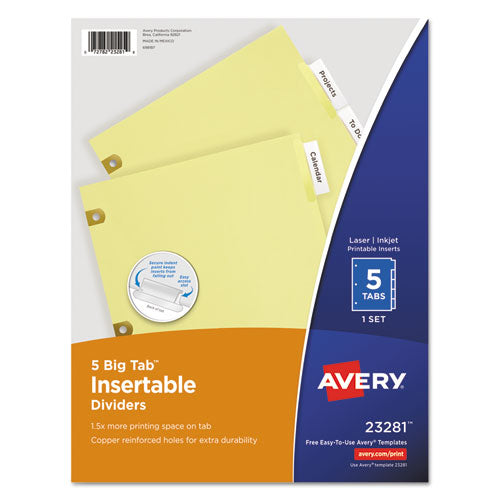 Insertable Big Tab Dividers, 5-Tab, Single-Sided Copper Edge Reinforcing, 11 x 8.5, Buff, Clear Tabs, 1 Set-(AVE23281)